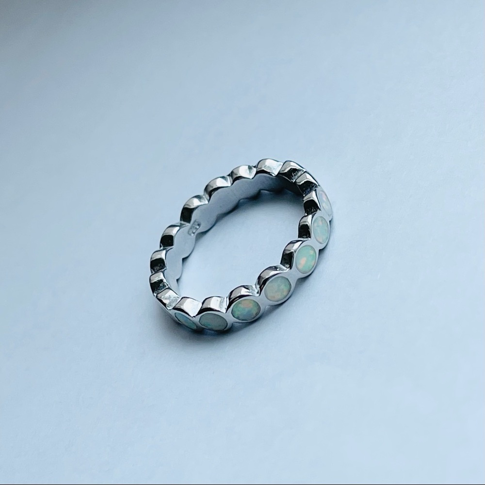 💕TOP SELLER💕 Silver Eternity White Lab Opal Band, Silver Ring, Wedding Bands - Picture 6 of 12